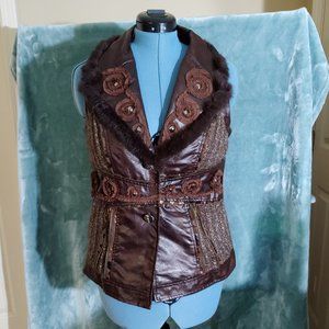 Faux Leather Sweater Vest with Faux Fur Collar